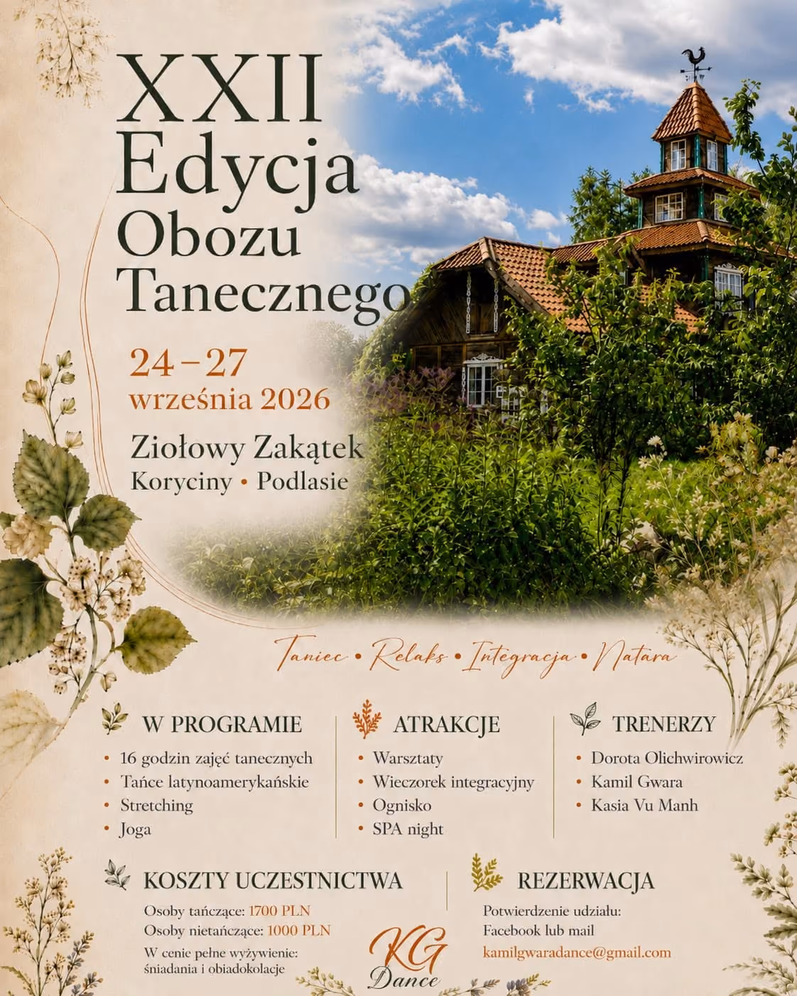 Plakat XXII edycji obozu tanecznego KG Dance, Ziołowy Zakątek w Korycinach